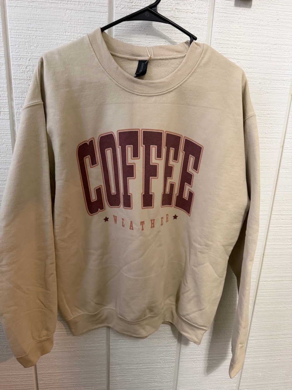 Gildan Beige Crewneck Sweatshirt with Maroon "COFFEE" Graphic